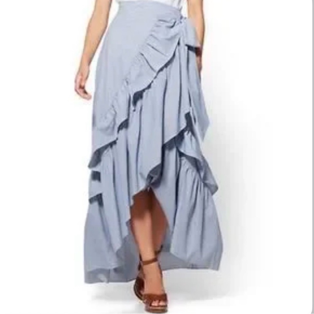 New York & Company Blue/White High-Low Wrap Skirt
